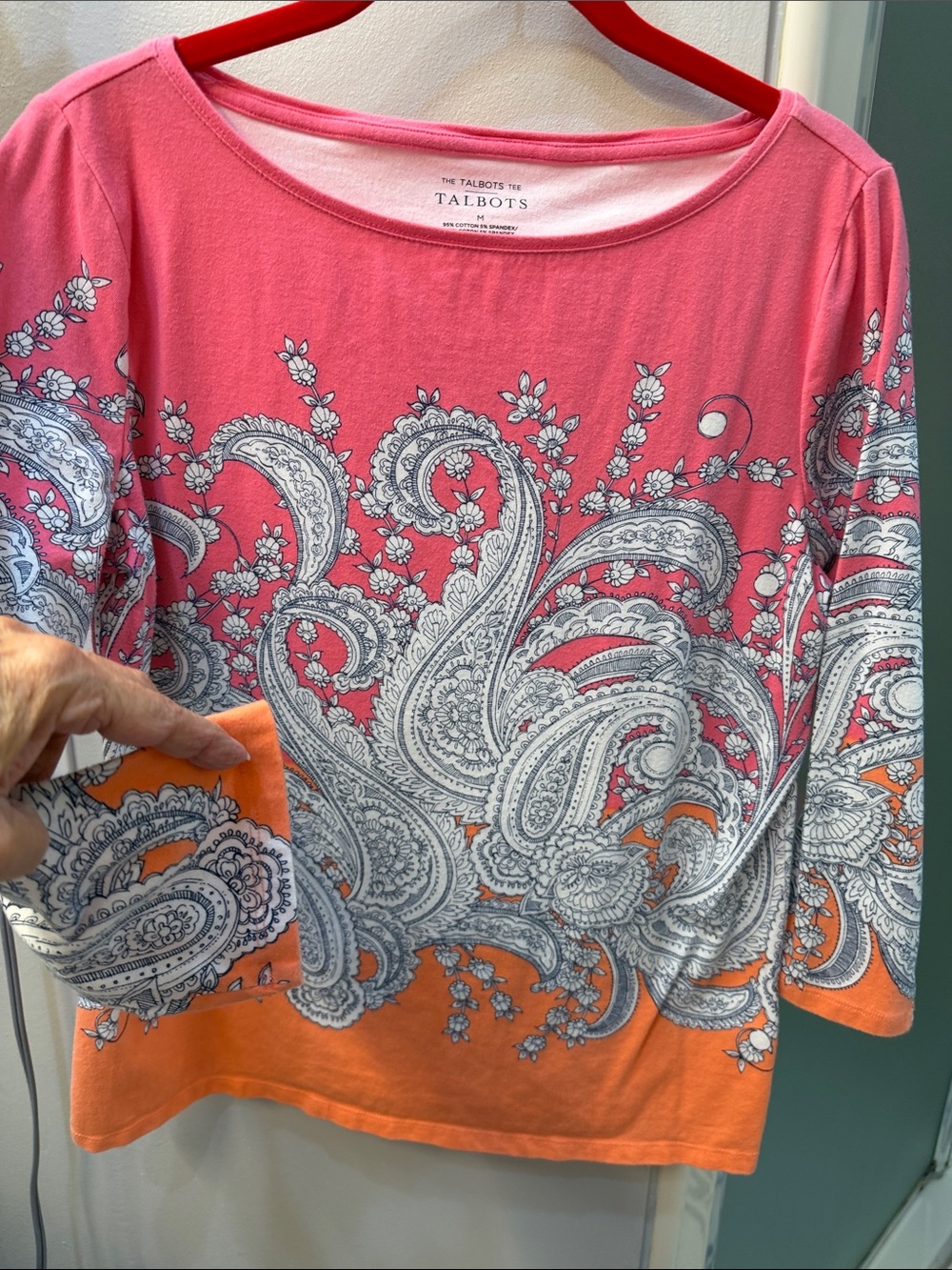 Talbots Pink and Orange Paisley Scoop Neck Long Sleeve Top